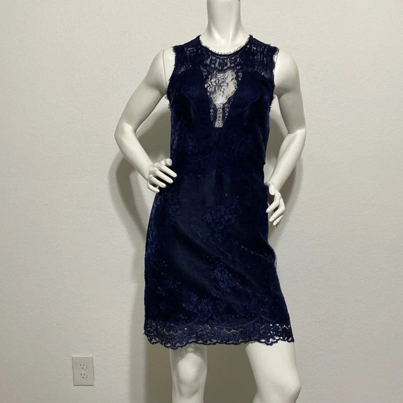 Morgan De Toi Sheer Mesh Lace Blue Mini Dress - Picture 1 of 5